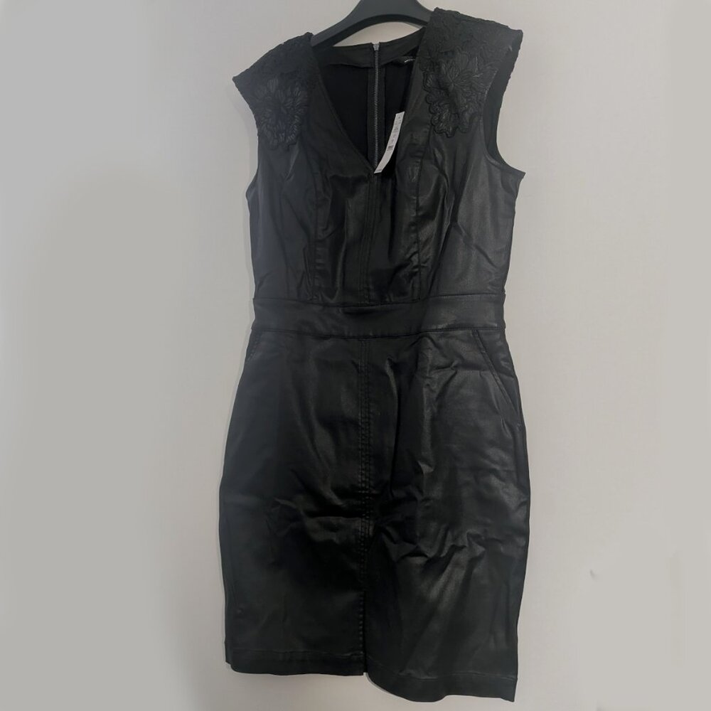 WHBM NWT WITH POCKETS! WASHABLE Coated Denim Lace Dress Faux Leather - Picture 9 of 10